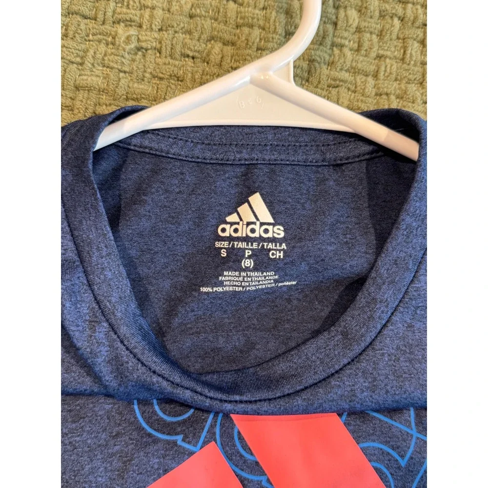 Adidas Boys Small 8 Navy Blue Heathered Graphic Logo Performance T-Shirt S8